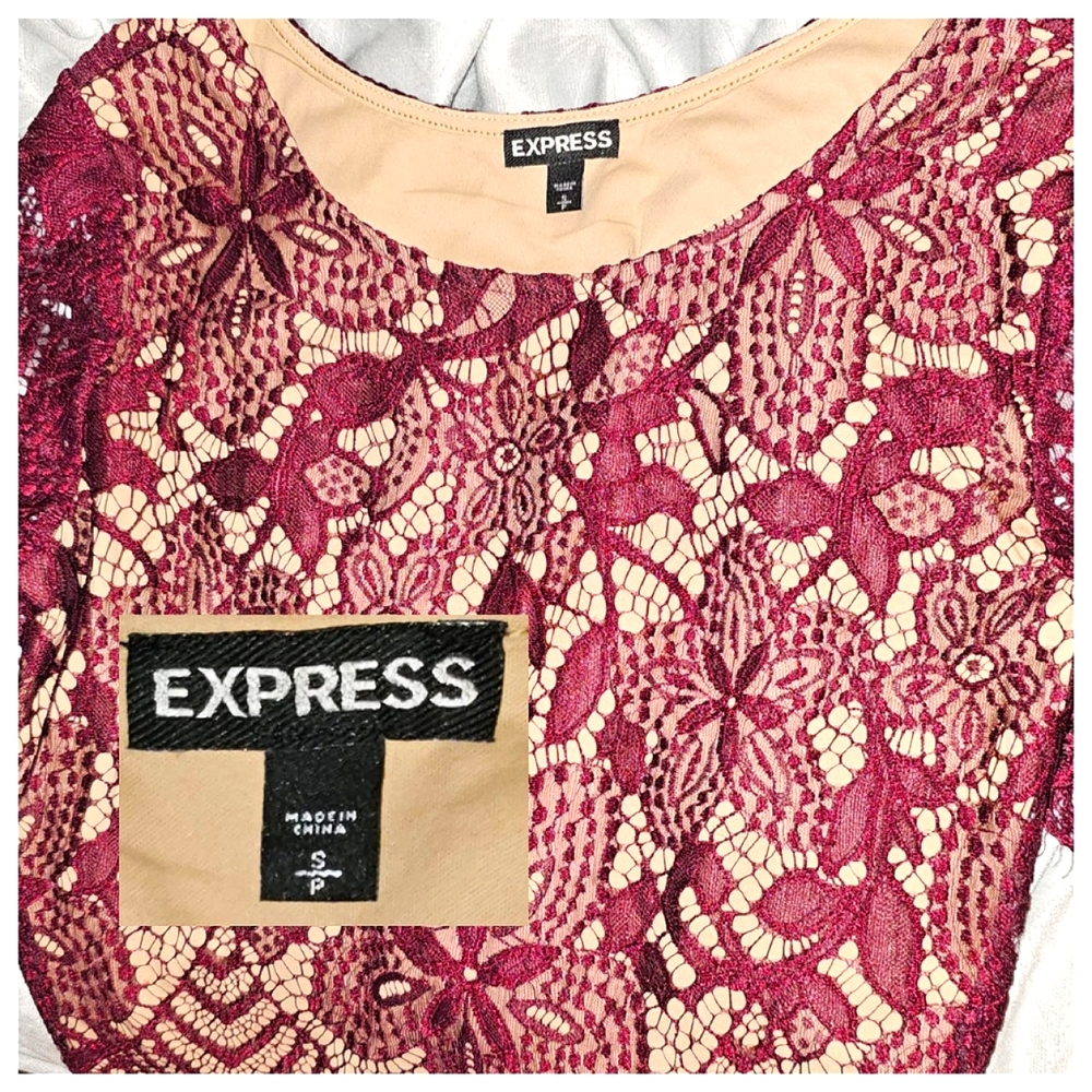 Express Wine Lace Overlay Lined Crop Top - Picture 9 of 9